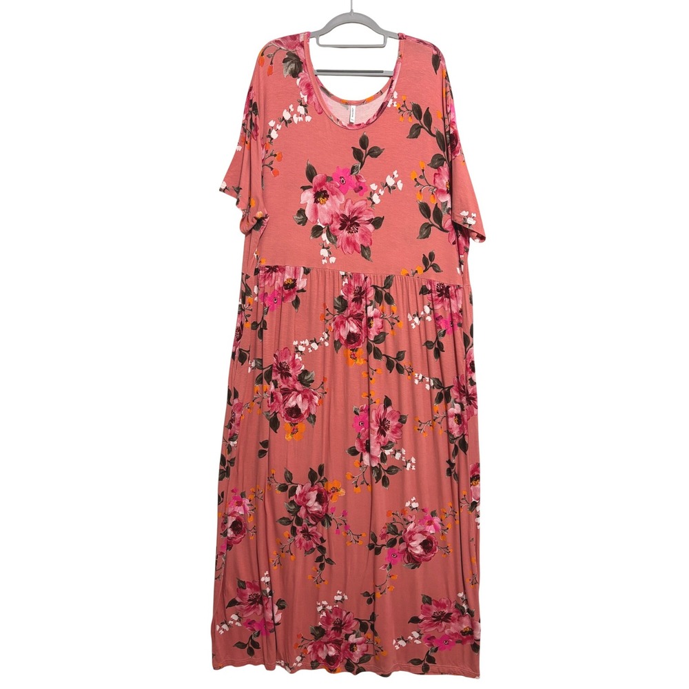 Floral Maxi Dress Women 5XL Pink Empire Waist Pocket Stretch Boho Summer Casual - Picture 2 of 9
